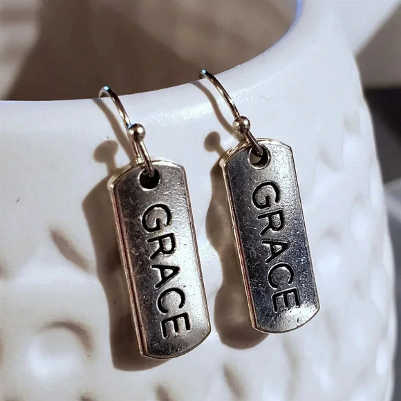 Grace Inspirational Word Message Carved Silver Black Earrings - Picture 3 of 8